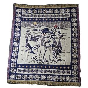 Vtg Snowman Woven‎ Tapestry Throw Sofa Blanket Made in USA Acrylic
